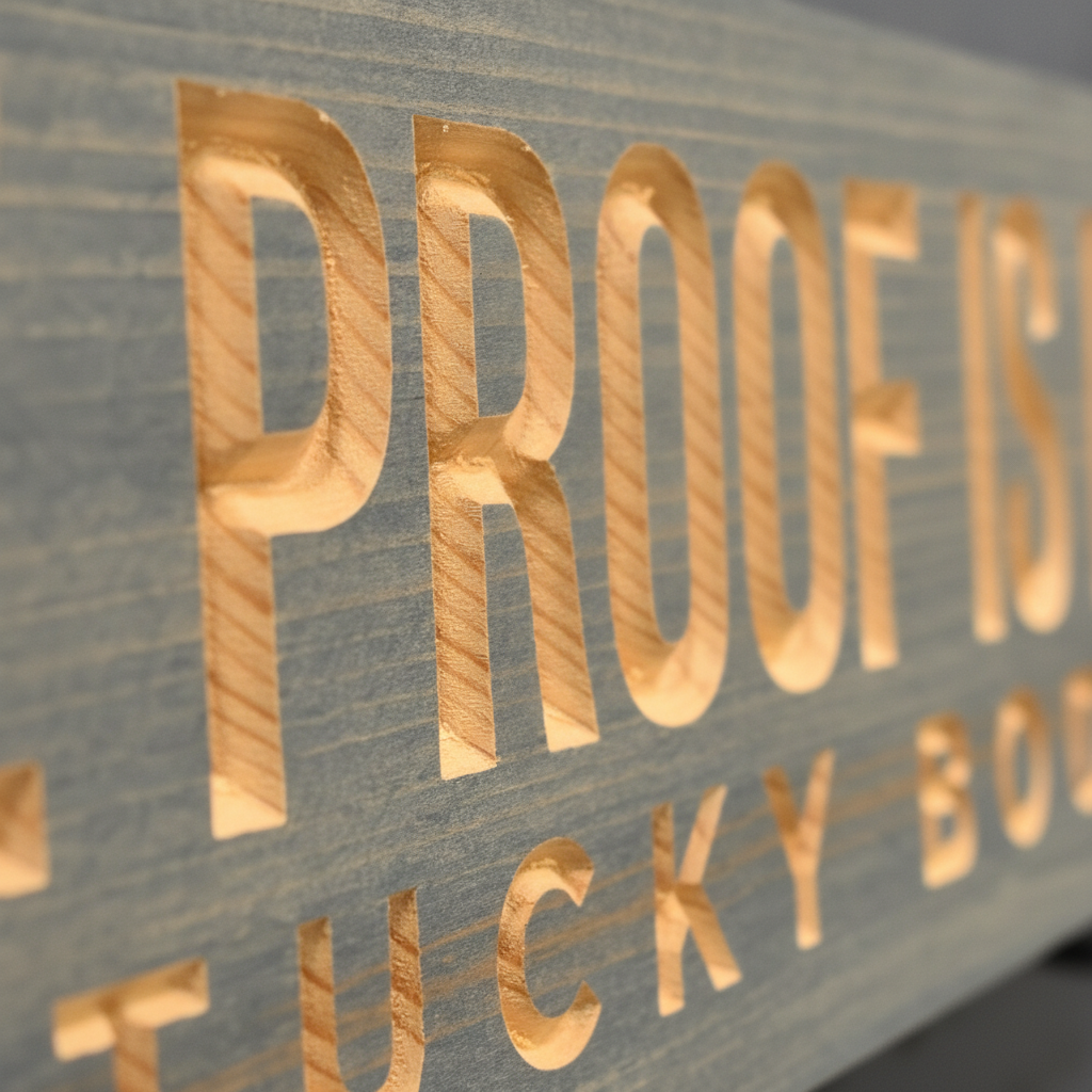 Bourbon Sign — The Proof Is Here | Kentucky Carved Wood — carved lettering detail — Bluegrass Gifts