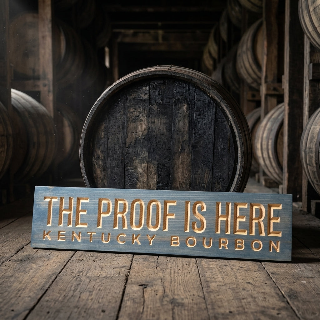 Bourbon Sign — The Proof Is Here | Kentucky Carved Wood — carved wood sign — Bluegrass Gifts