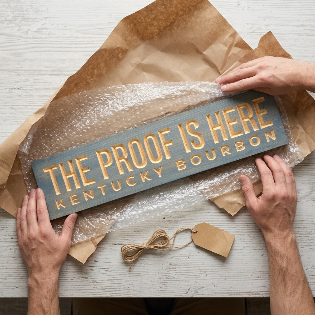 Bourbon Sign — The Proof Is Here | Kentucky Carved Wood — gift-ready packaging — Bluegrass Gifts