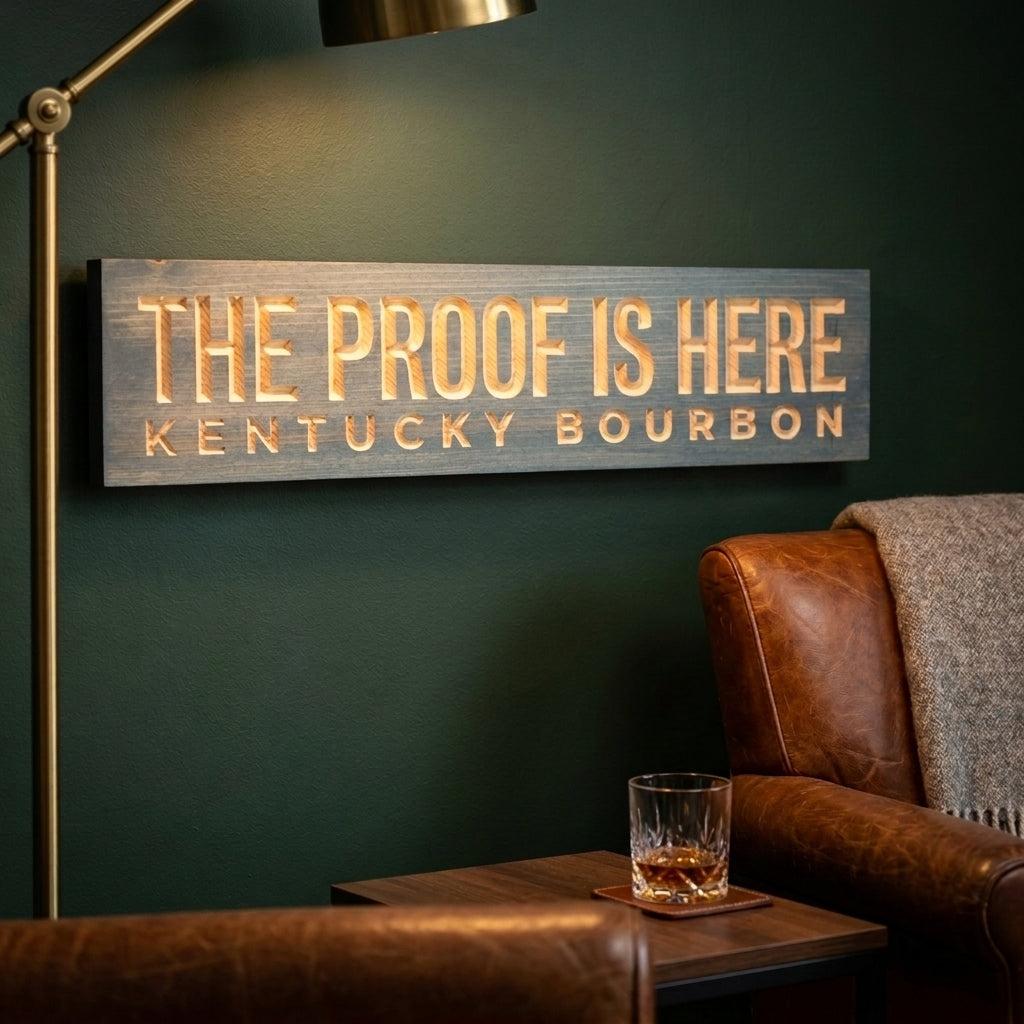 Bourbon Sign — The Proof Is Here | Kentucky Carved Wood — styled on wall — Bluegrass Gifts