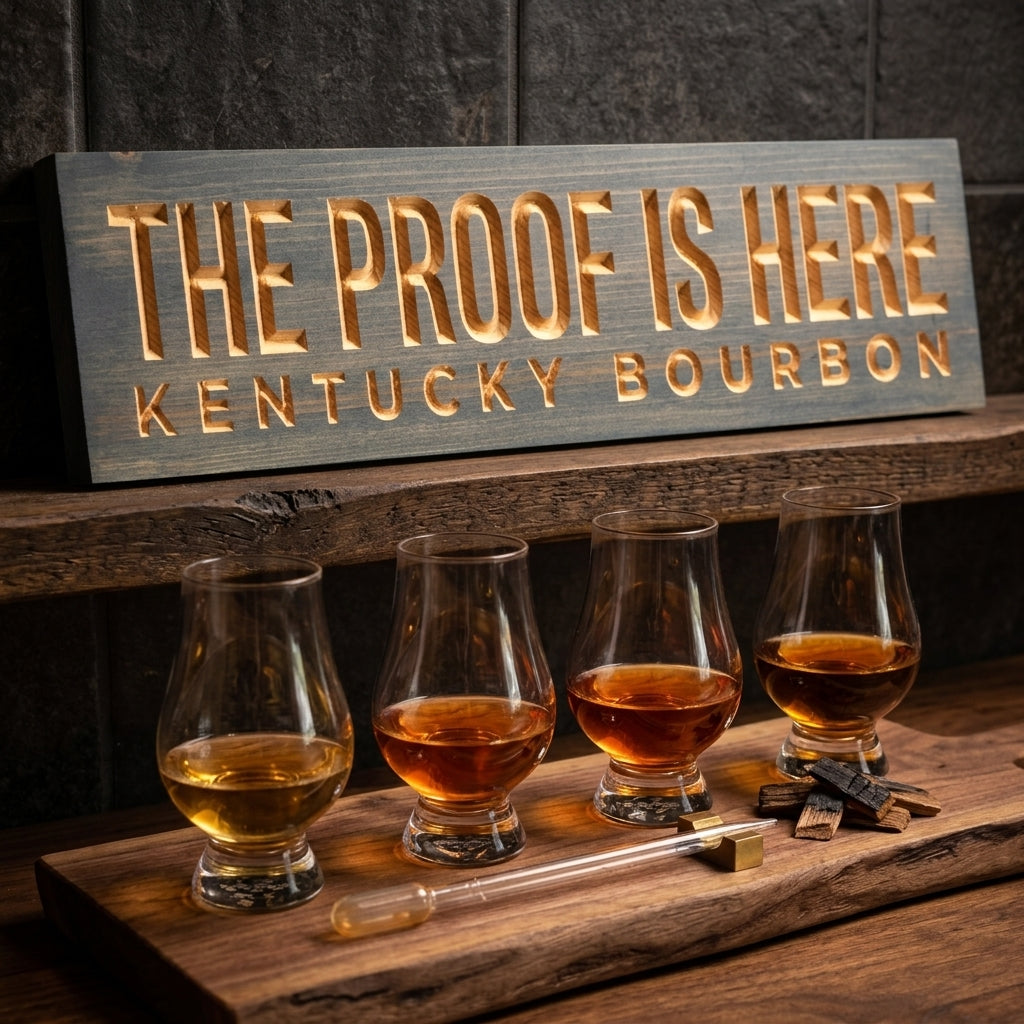 Bourbon Sign — The Proof Is Here | Kentucky Carved Wood — product details — Bluegrass Gifts