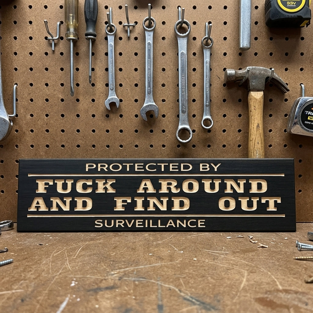 Protected by Fuck Around and Find Out — Wooden Surveillance Sign