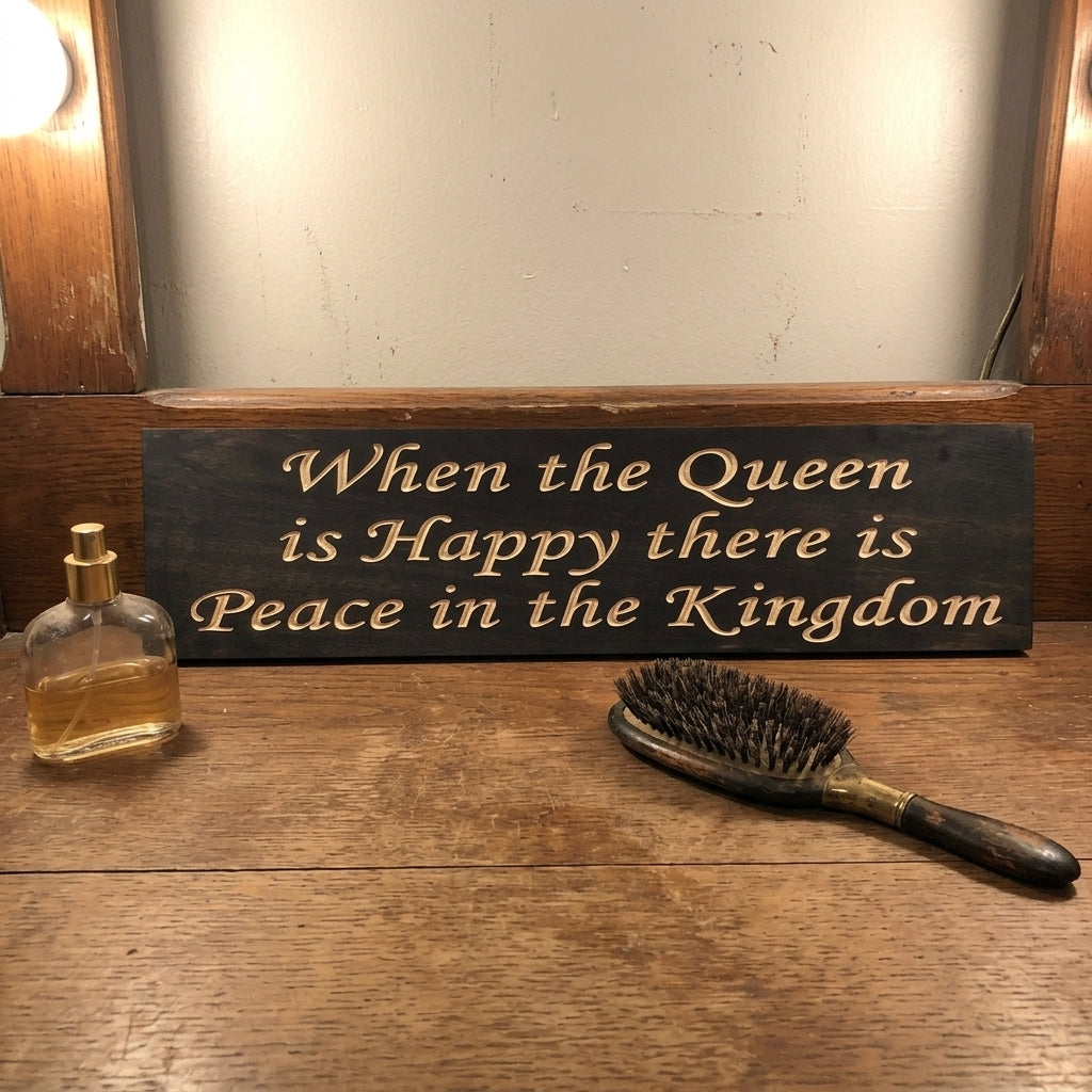 A dark wood Queen Bee Decor sign on a wooden dresser with a perfume bottle and an antique hairbrush from Bluegrass Gifts