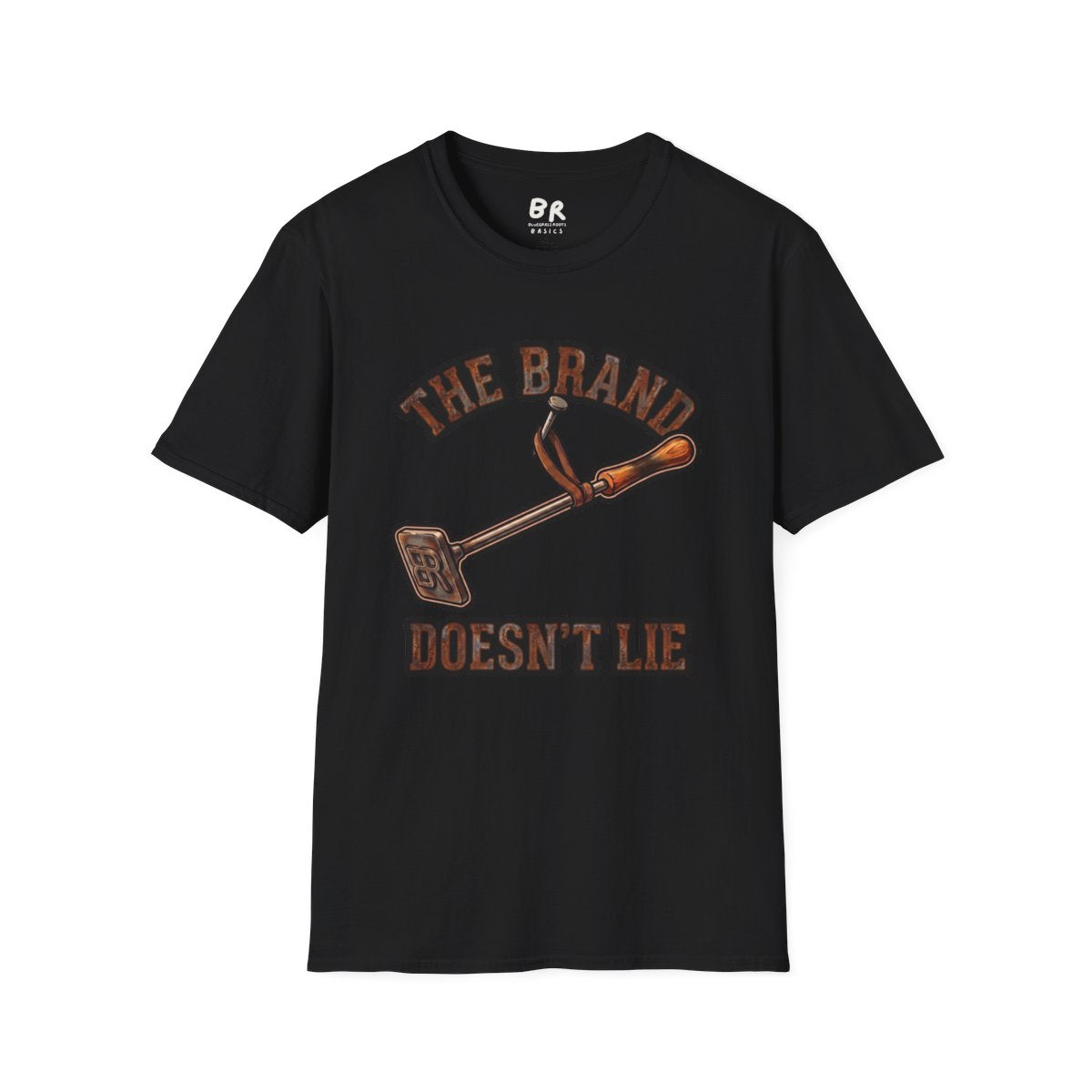 A flat lay of a black t-shirt with the 'The Brand Doesn't Lie' graphic centered on the Ranch Shirt