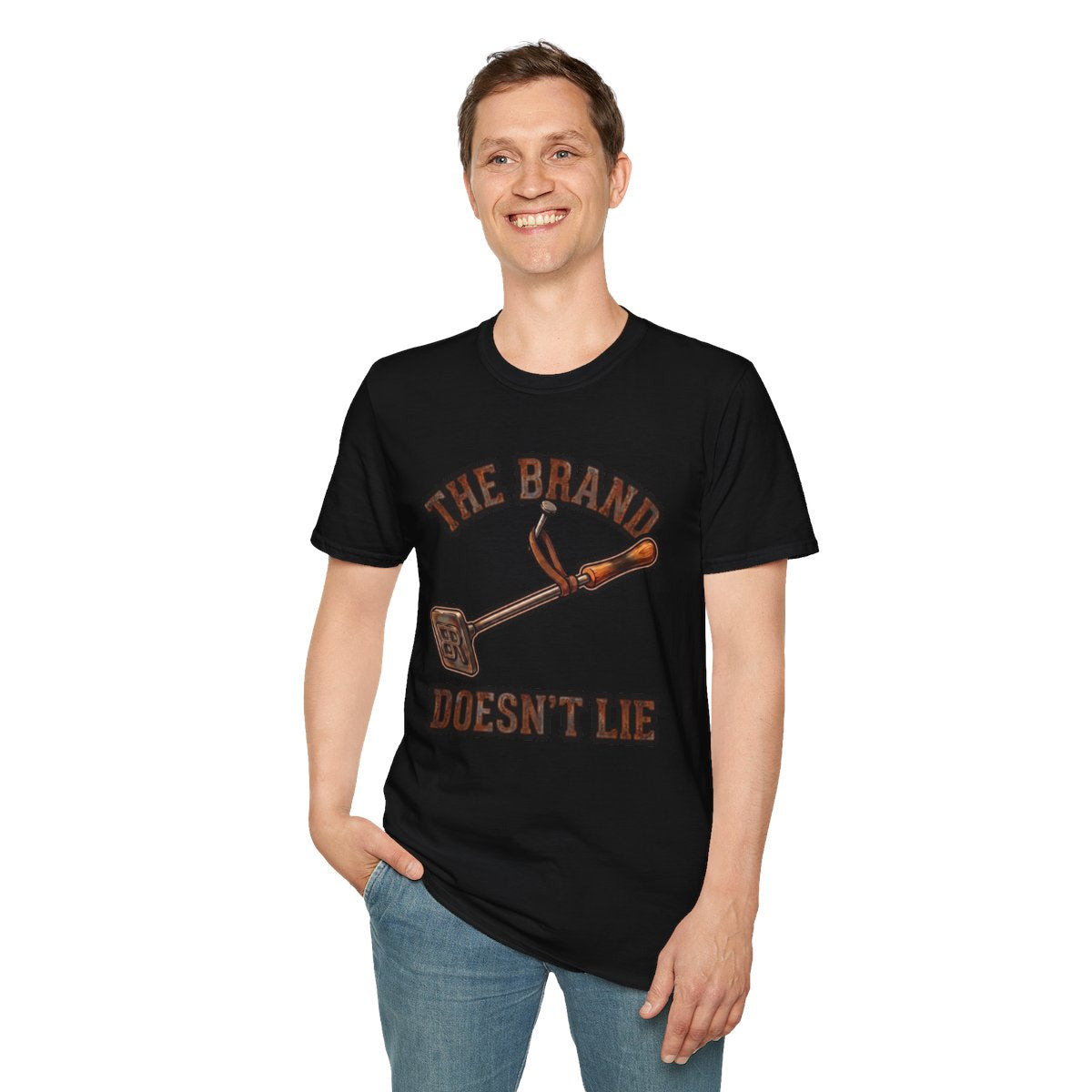 A man smiles while wearing the black Ranch Shirt - The Brand Doesn't Lie, showing the full branding iron design