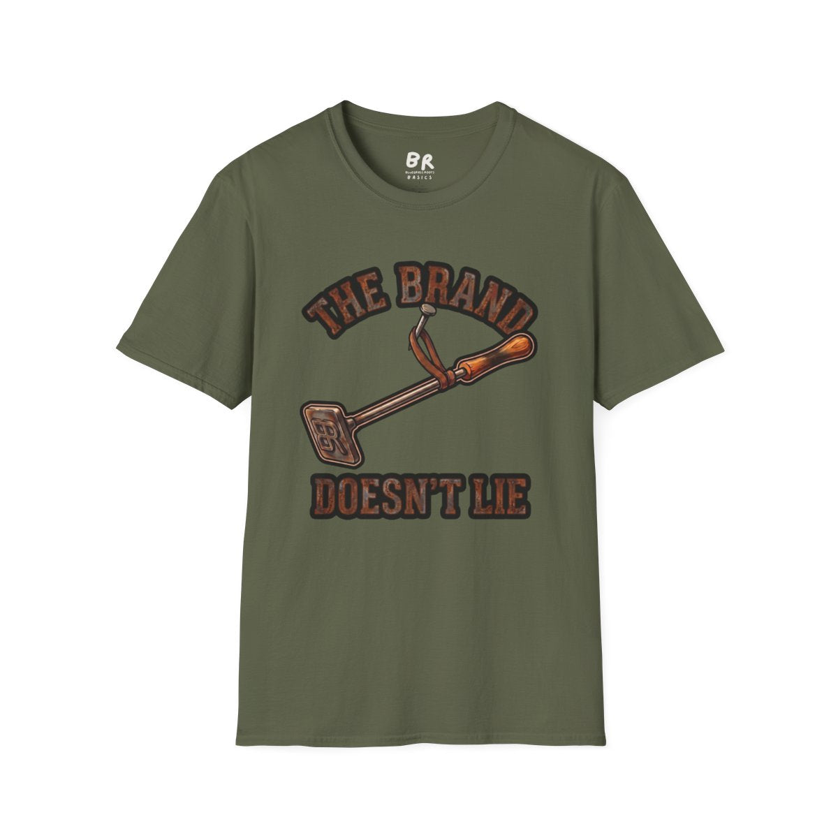 A flat lay of the olive green "Ranch Shirt - The Brand Doesn't Lie" tee, front view, with a small BR logo