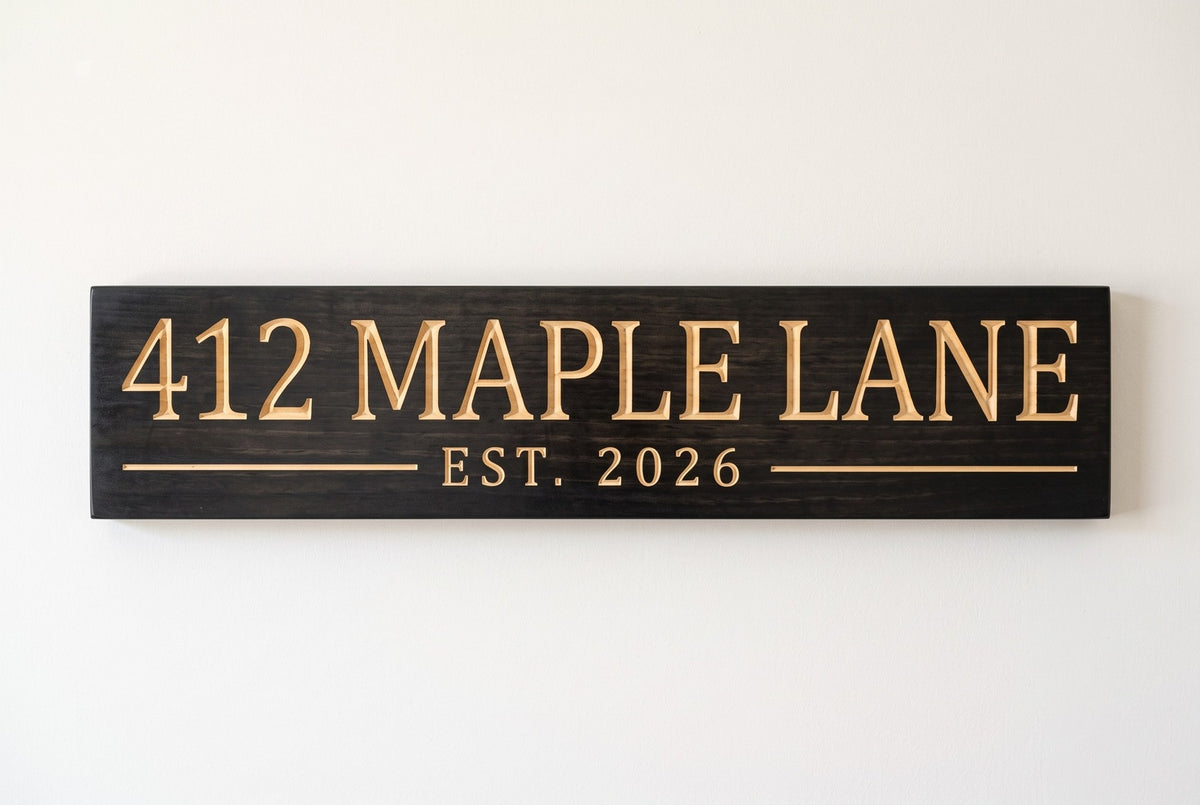 Personalized house address sign carved wood sign, straight on