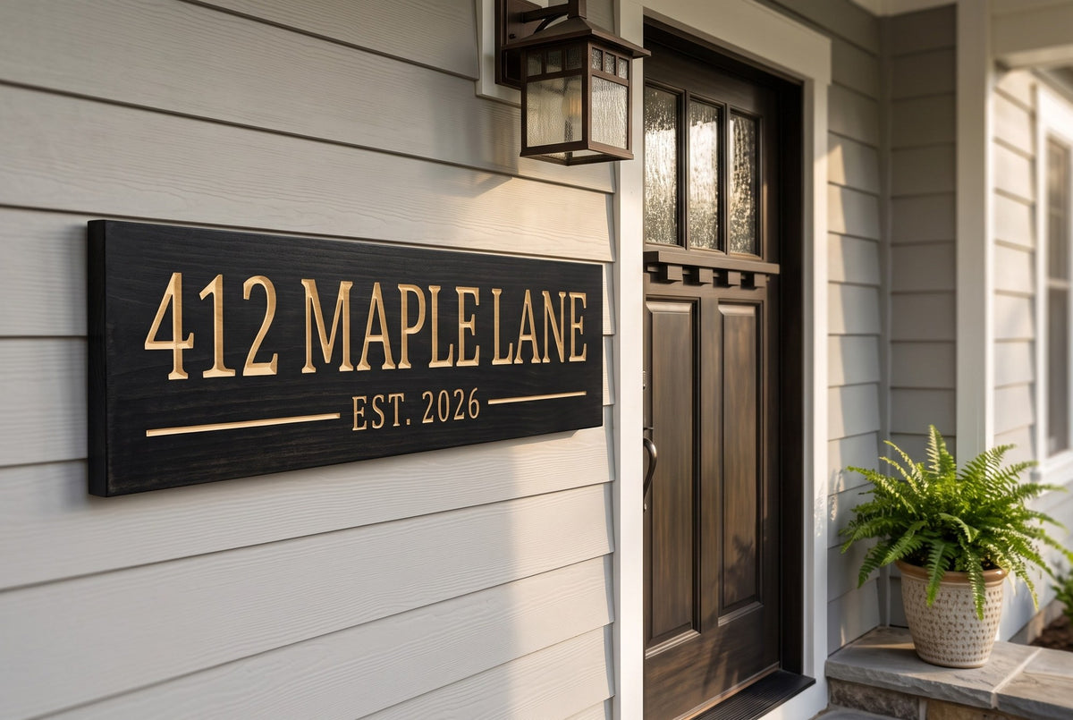 Personalized house address sign hanging in a home