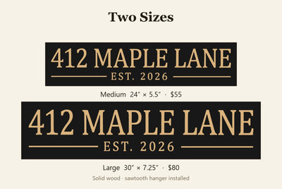 Personalized house address sign size guide, Medium 24 x 5.5 inch and Large 30 x 7.25 inch