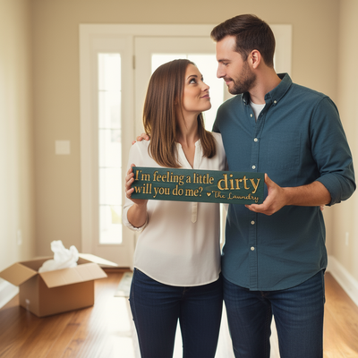 A happy couple holding their new funny laundry sign in an empty room with moving boxes, an ideal closing gift for new homeowners