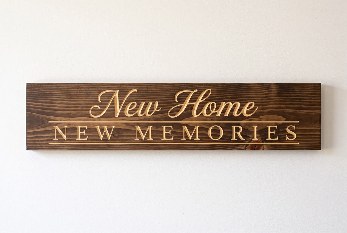 New Home New Memories carved wood sign, straight on
