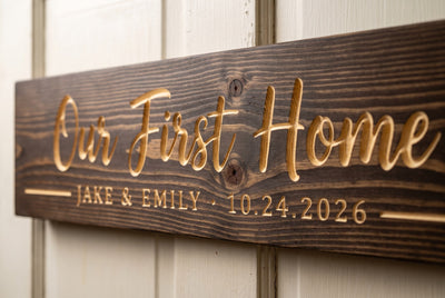 Personalized Our First Home sign carved lettering close-up