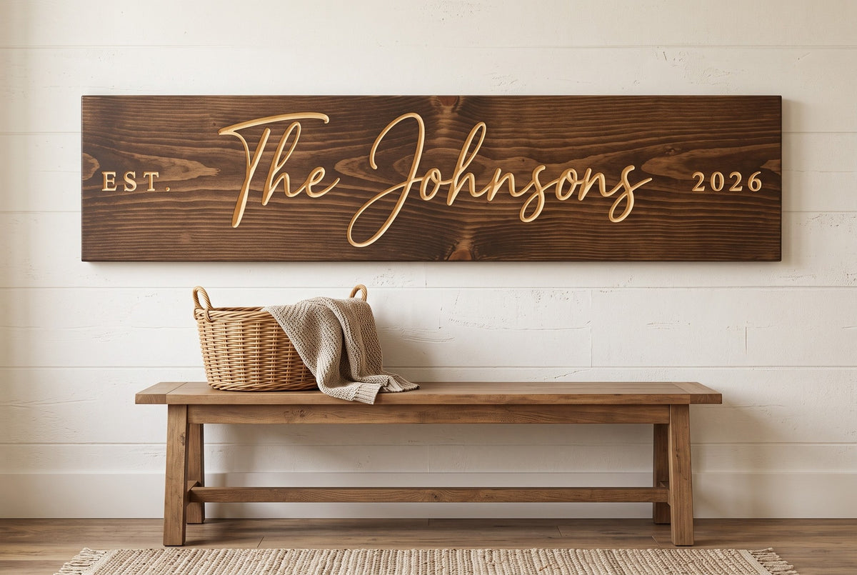 Personalized family name sign hanging in a home