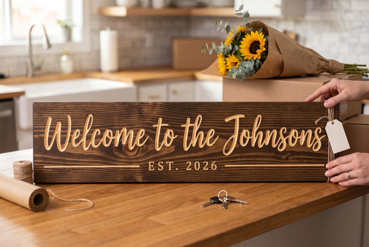 Personalized Welcome family name sign as a closing gift