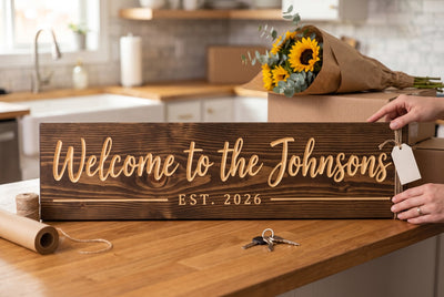 Personalized Welcome family name sign as a closing gift