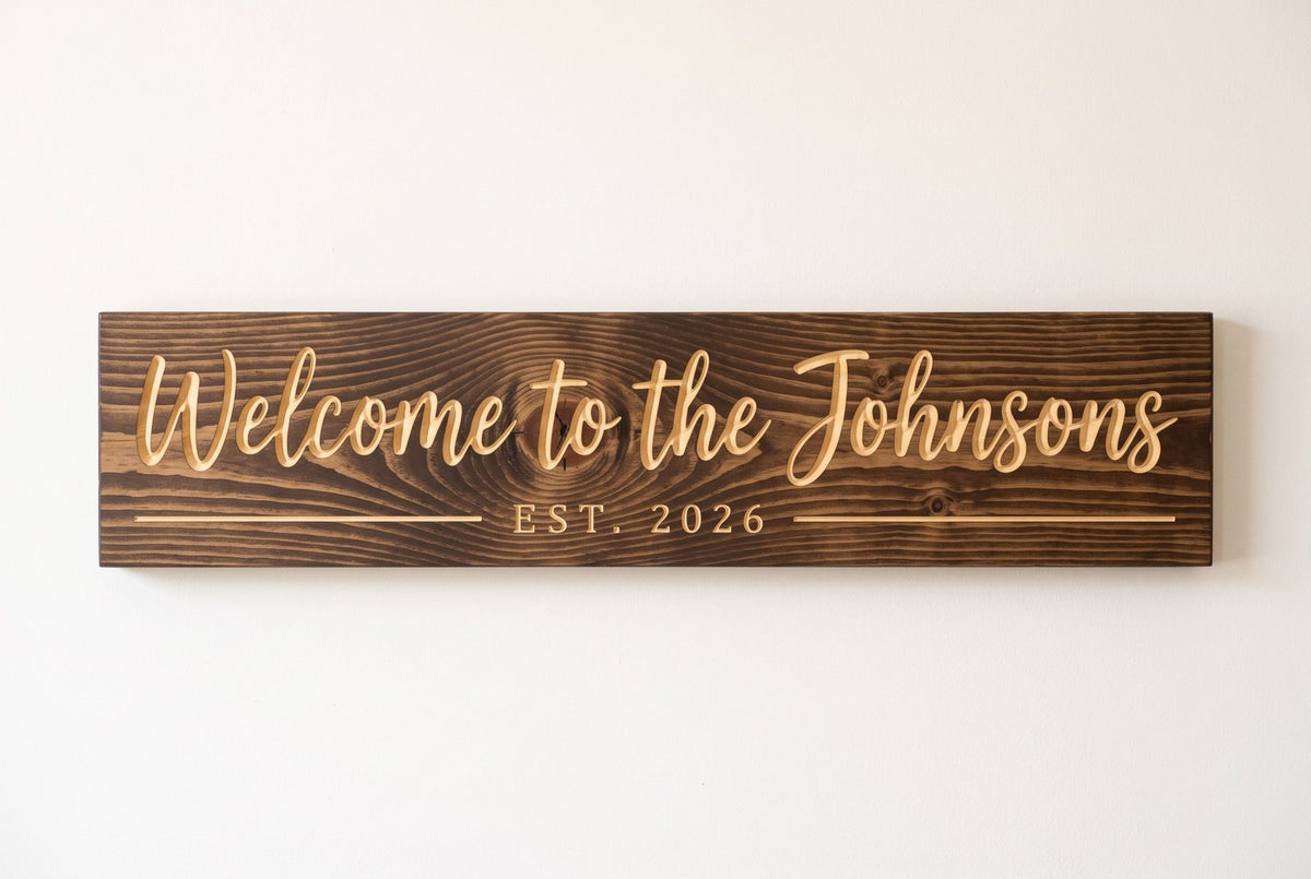 Personalized Welcome family name sign carved wood sign, straight on