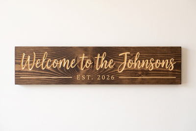 Personalized Welcome family name sign carved wood sign, straight on