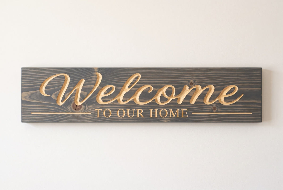 Welcome to Our Home carved wood sign, straight on