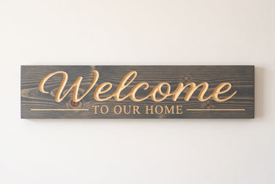 Welcome to Our Home carved wood sign, straight on
