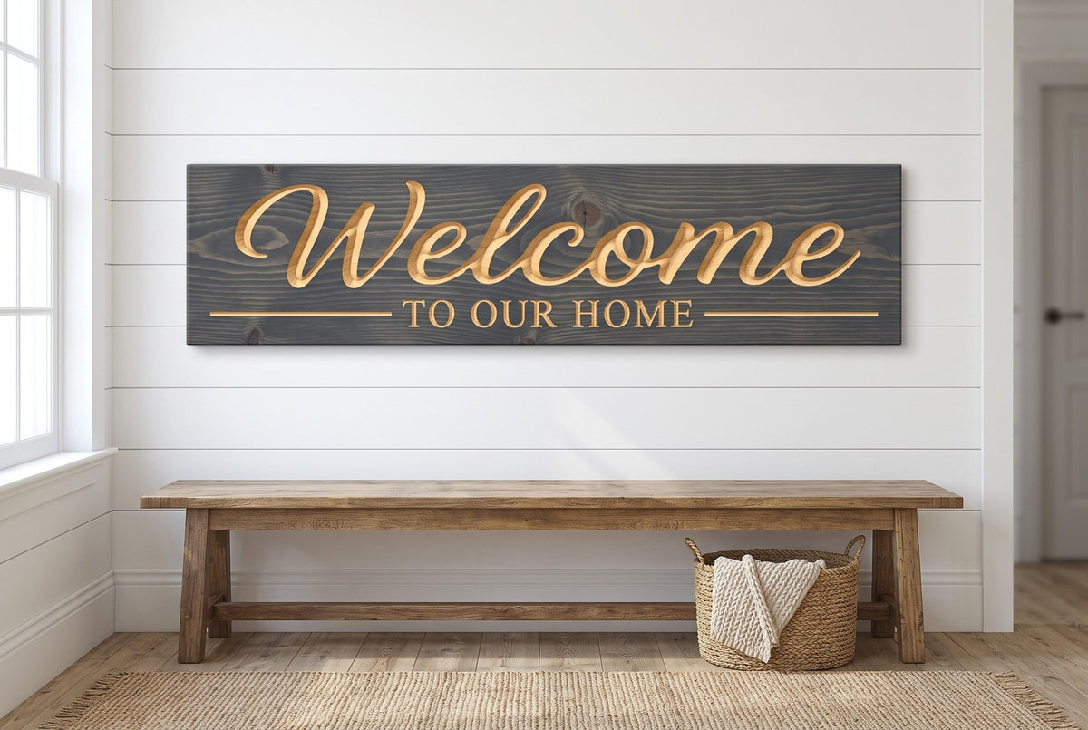 Welcome to Our Home hanging in a home