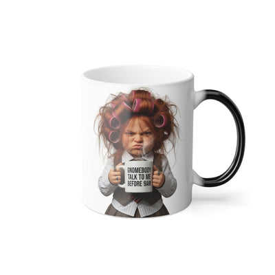 Close-up right view of red-haired woman in curlers and office vest design on mug.