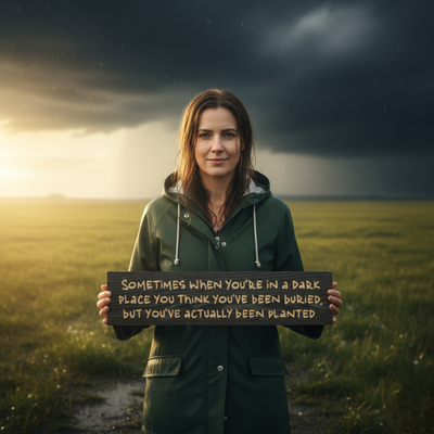 A woman holding a carved wood resilience sign in a field as a storm clears, symbolizing hope, strength, and a new beginning, making it a perfect gift for overcoming setbacks.