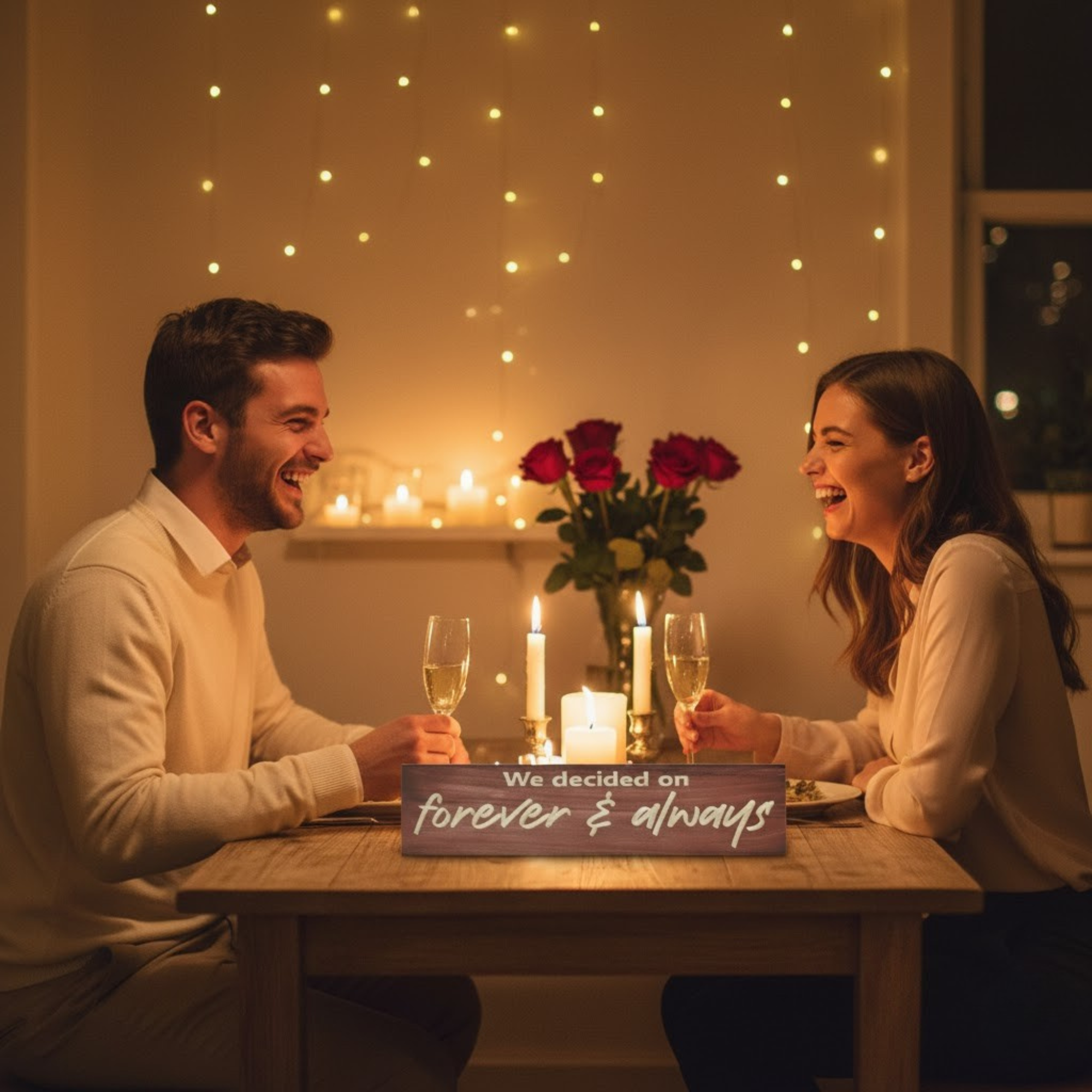 Romantic dinner setup with “Forever & Always” wood sign centerpiece, candlelight décor