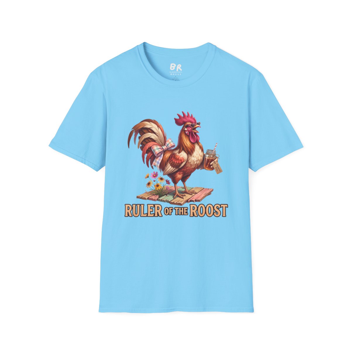 A light blue t-shirt, flat lay front view, features the "Rooster Shirt - Ruler of the Roost" graphic