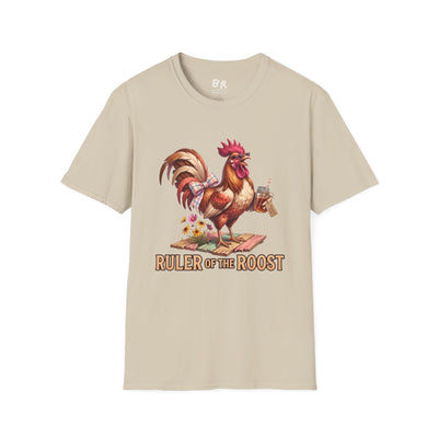 A beige Rooster Shirt - Ruler of the Roost laid flat on a white surface, showing the front design clearly
