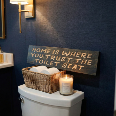 Funny wooden sign styled on a wicker basket above a toilet tank in a modern navy blue bathroom with a candle