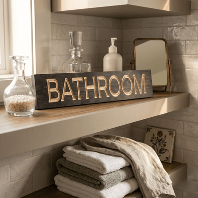 Rustic Bathroom wood sign displayed on a floating shelf with vintage apothecary bottles, brass tabletop mirror, and stacked towels in a subway tile bathroom — spa-style farmhouse decor.