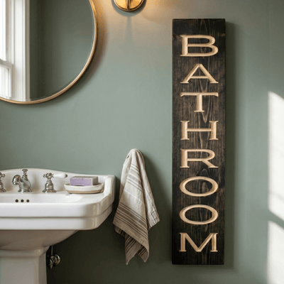 Rustic wooden bathroom sign hung beside a pedestal sink and round mirror in a sage green powder room — farmhouse bathroom wall decor styled for guest baths.