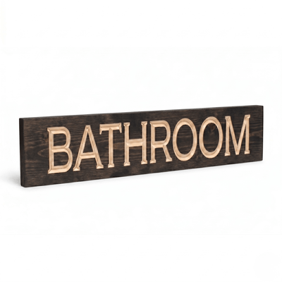 Rustic Bathroom wooden sign with deeply CNC carved lettering on solid pine in ebony stain — handcrafted bathroom wall decor from Bluegrass Gifts.