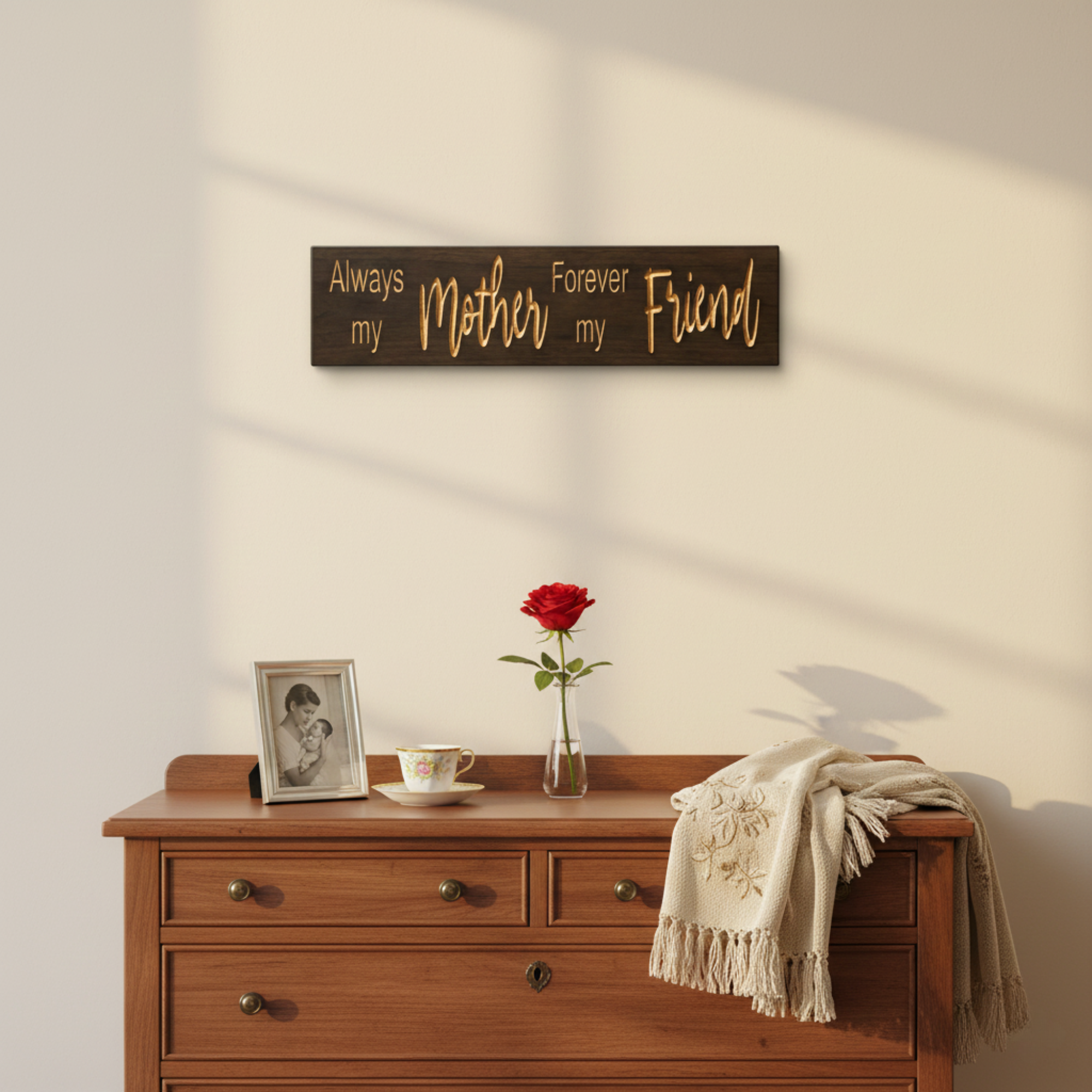 The carved wood sign displayed on a wall above a vintage dresser, styled with a rose and photo frame to show home decor sizing.