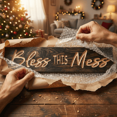 housewarming-gift-idea-woman-holding-sign - rustic bless this mess carved wood sign by Bluegrass Gifts, handmade in Kentucky