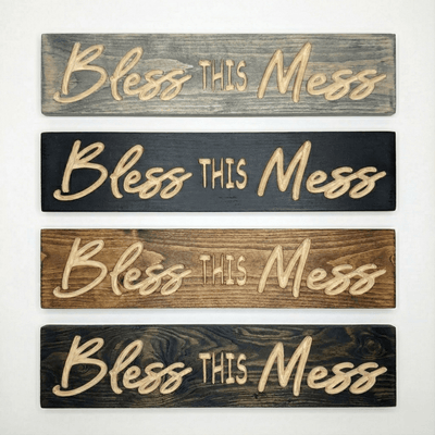 unwrapping-handmade-wooden-sign-gift-christma - rustic bless this mess carved wood  by Bluegrass Gifts