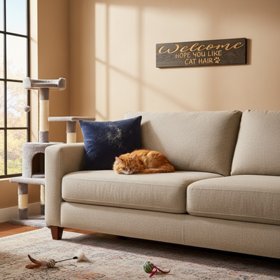 A rustic living room with a carved wood sign reading "Welcome hope you like cat hair" on the wall, and an orange cat sleeping on the couch below.