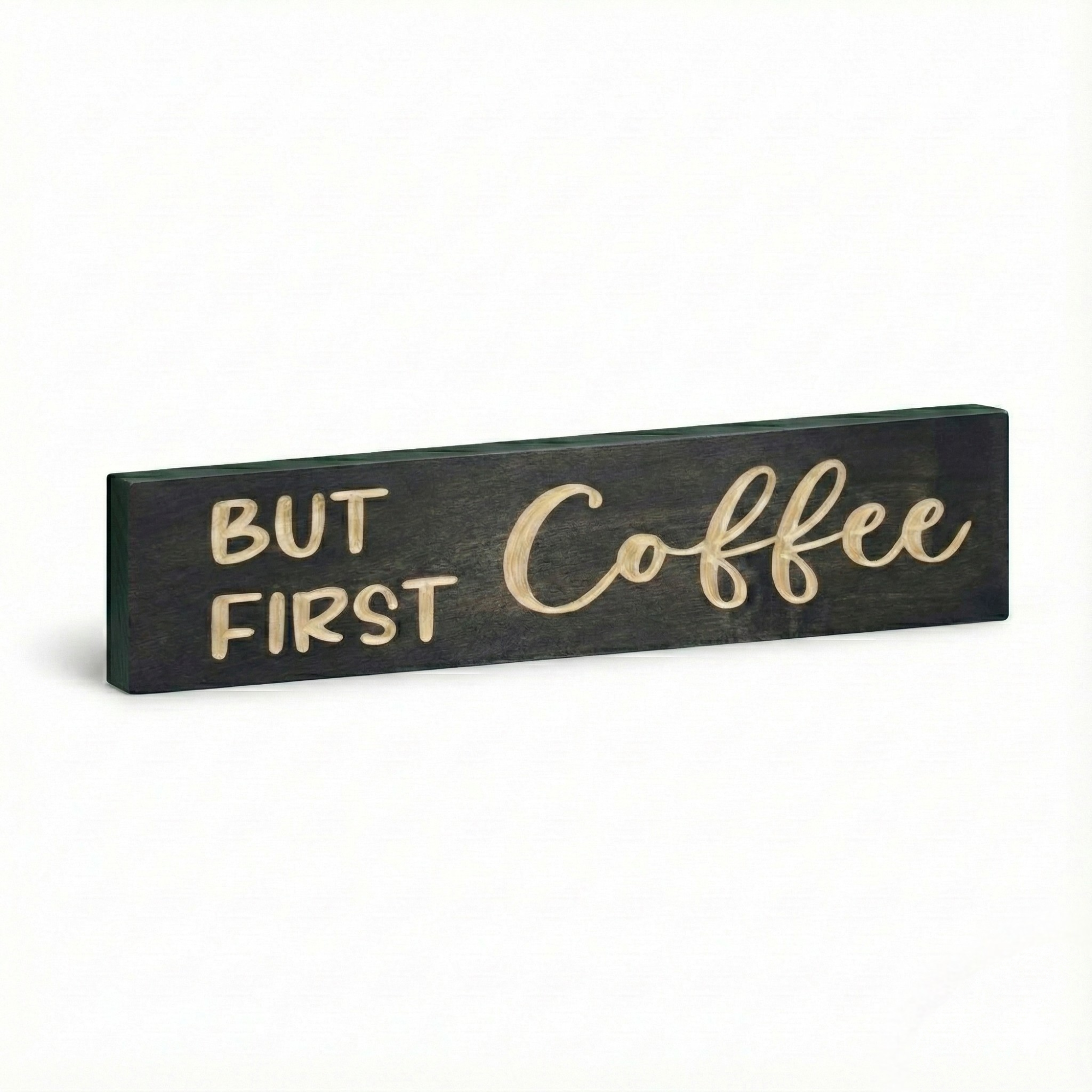 Angled view of a solid pine "But First Coffee" sign, highlighting the wood thickness and premium dark walnut finish.