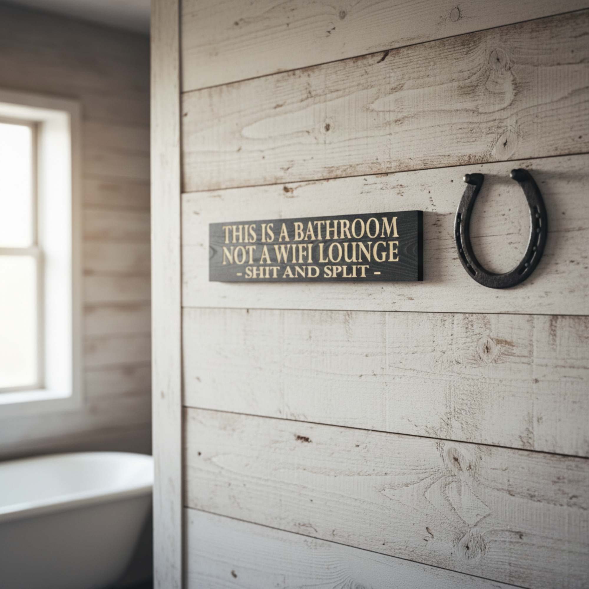 Funny Shit and Split carved wood sign mounted on white rustic wood paneling next to a cast iron horseshoe hook in a farmhouse style bathroom.