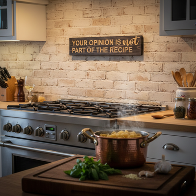 Rustic kitchen wall art displayed on a white brick backsplash above a professional gas range for home decor inspiration.