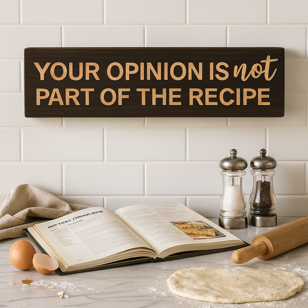 Rustic farmhouse kitchen scene with wooden wall sign “Your Opinion Is Not Part of the Recipe” above cookbook, flour, and rolling pin.
