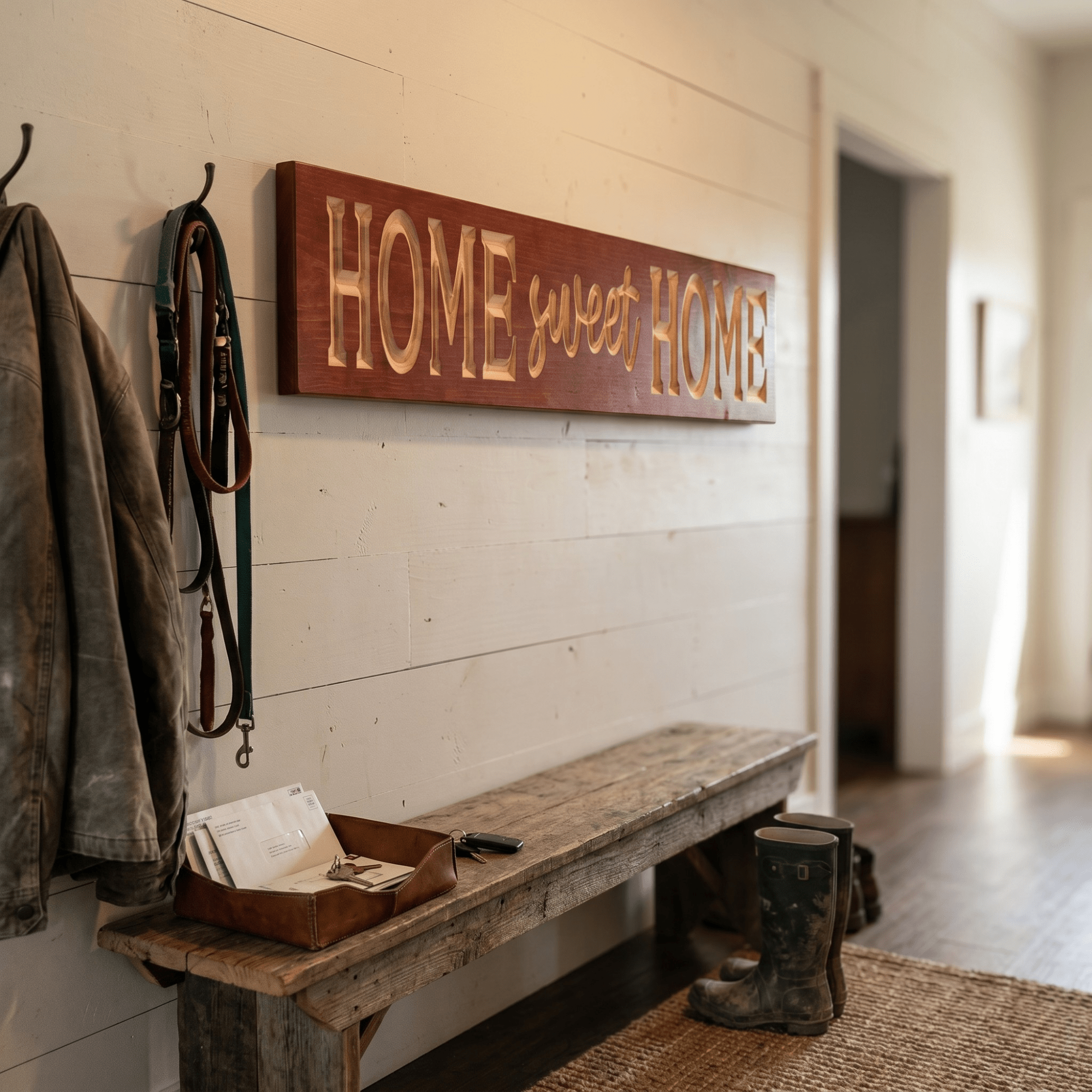 Rustic Home Sweet Home wood sign hung above a reclaimed wood bench in a shiplap entryway with leather mail tray, hanging coat, and mud boots — cozy farmhouse foyer wall decor.