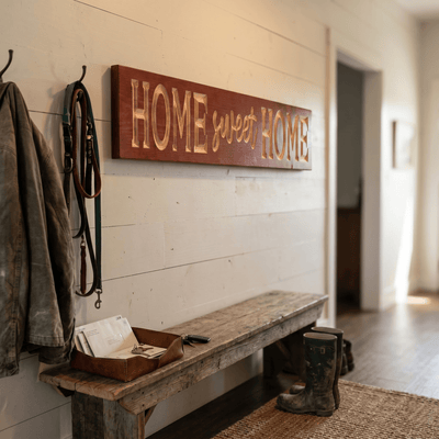 Rustic Home Sweet Home wood sign hung above a reclaimed wood bench in a shiplap entryway with leather mail tray, hanging coat, and mud boots — cozy farmhouse foyer wall decor.