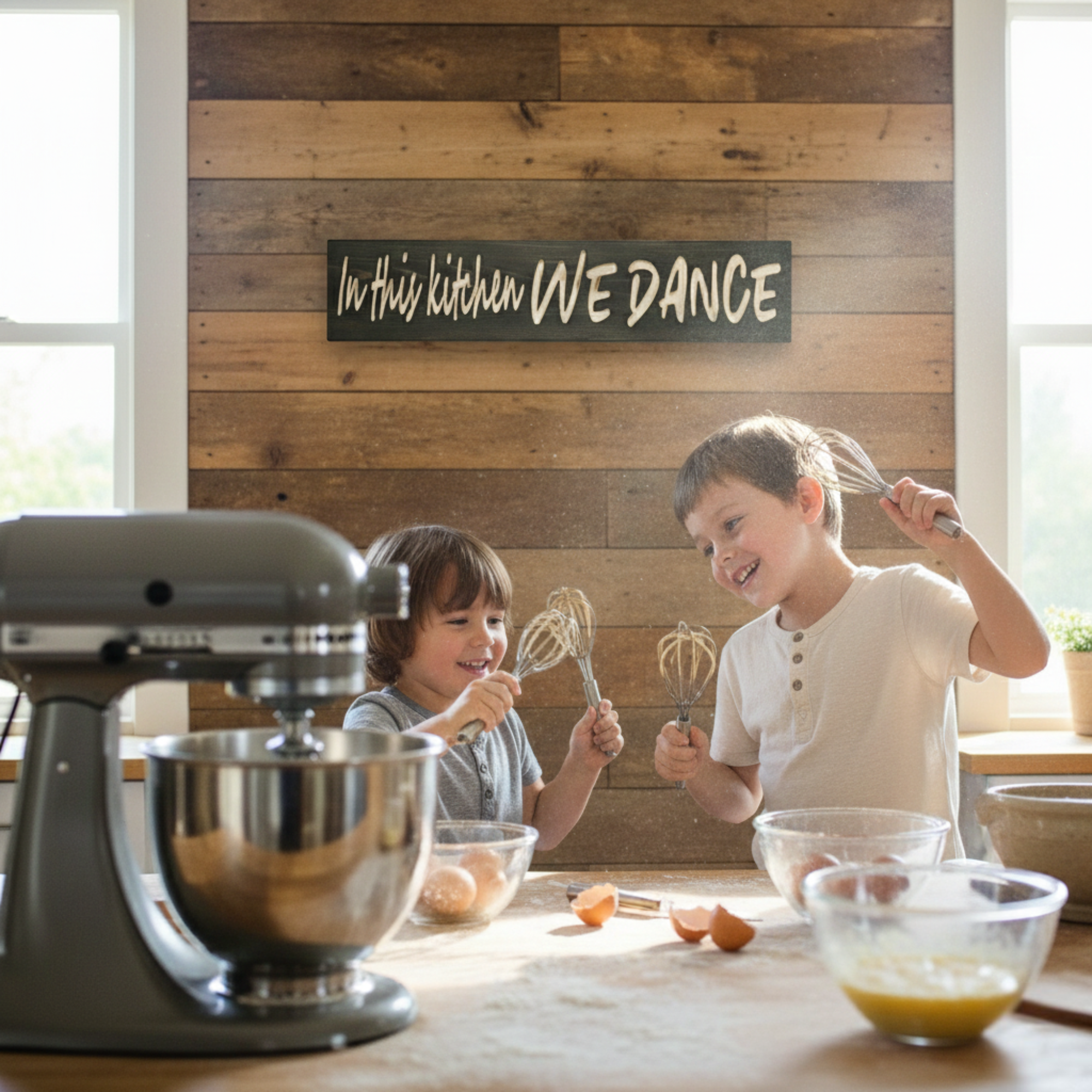 Two young children playing with whisks in a kitchen with the "In This Kitchen We Dance" sign mounted on a rustic wood-planked accent wall.