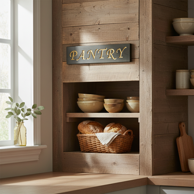 A rustic pantry sign mounted on reclaimed wood shelving in a bright, sunlit farmhouse kitchen with artisan bread and pottery.