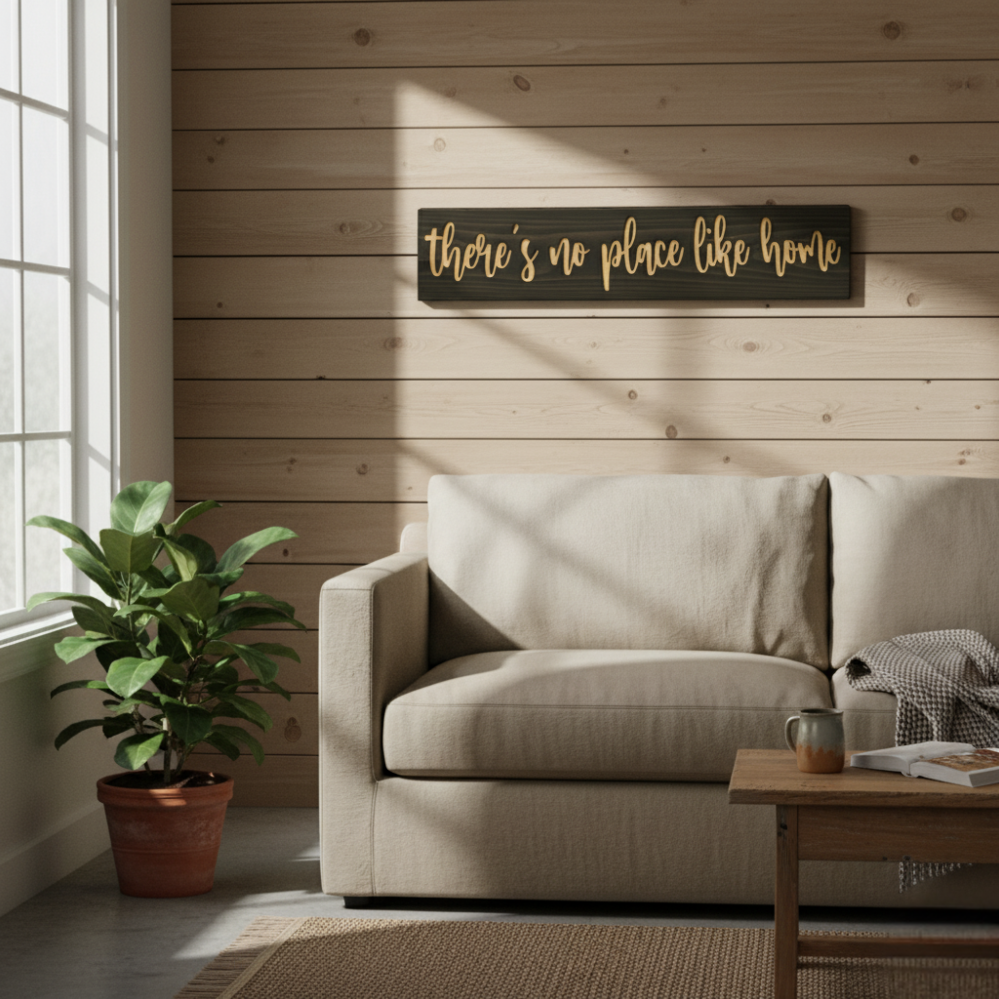 “There’s No Place Like Home” wooden sign styled on a rustic wood-panel wall in a cozy room.