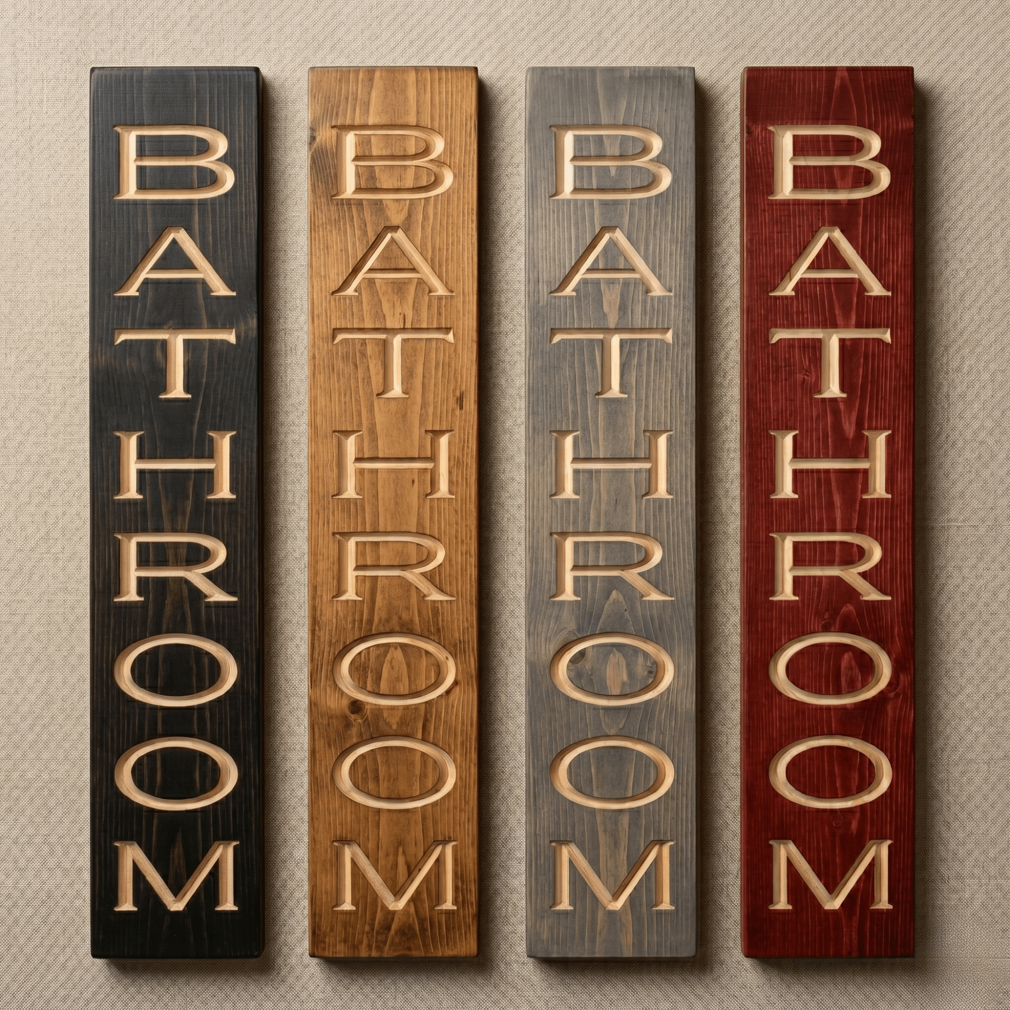 Rustic wooden bathroom sign shown in four stain finish options including ebony, walnut, weathered gray, and cabernet — vertical CNC carved bathroom wall decor from Bluegrass Gifts.