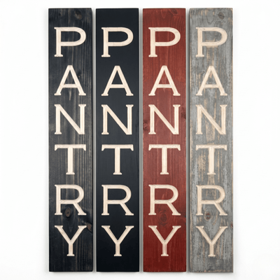 Rustic wooden pantry sign shown in four stain finish options including ebony, black paint, cabernet, and weathered gray — vertical CNC carved farmhouse kitchen wall decor from Bluegrass Gifts.
