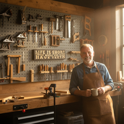 A woodworker in his shop with a "Life Is Short Smile While You Still Have Teeth" carved sign hanging on a tool pegboard.