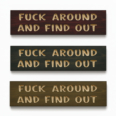 Three "Fuck Around and Find Out" carved wood signs from Bluegrass Gifts shown in red, dark gray, and brown stain color options.